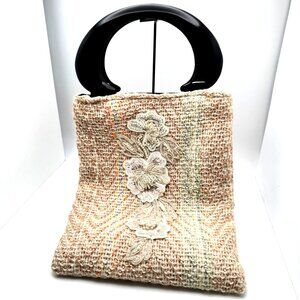 Handcrafted Vtg Inspired Woven Knit Purse Embroidered Floral Design Black Handle